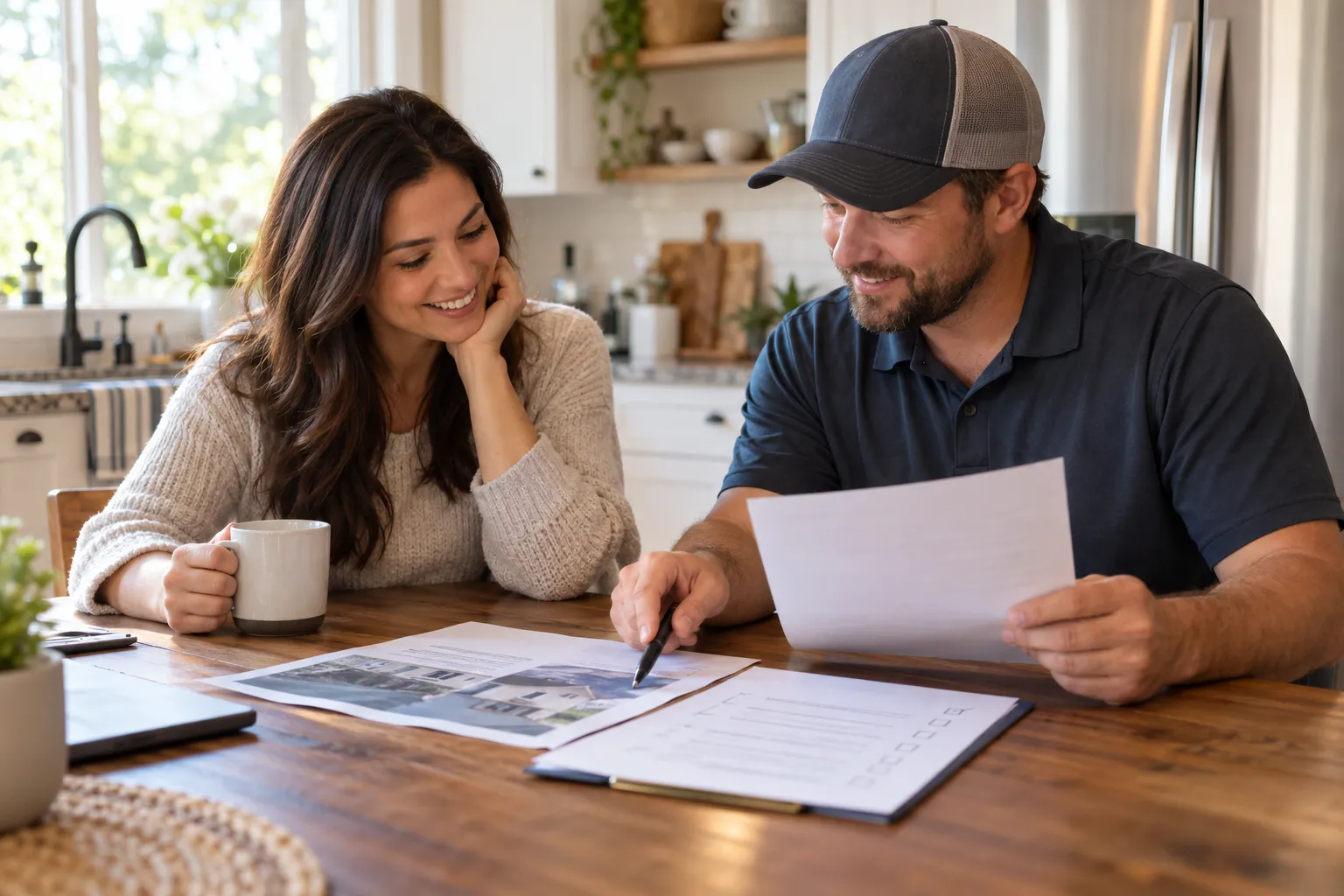 Homeowner reviewing a written roofing quote with a local provider in the Alexandria area